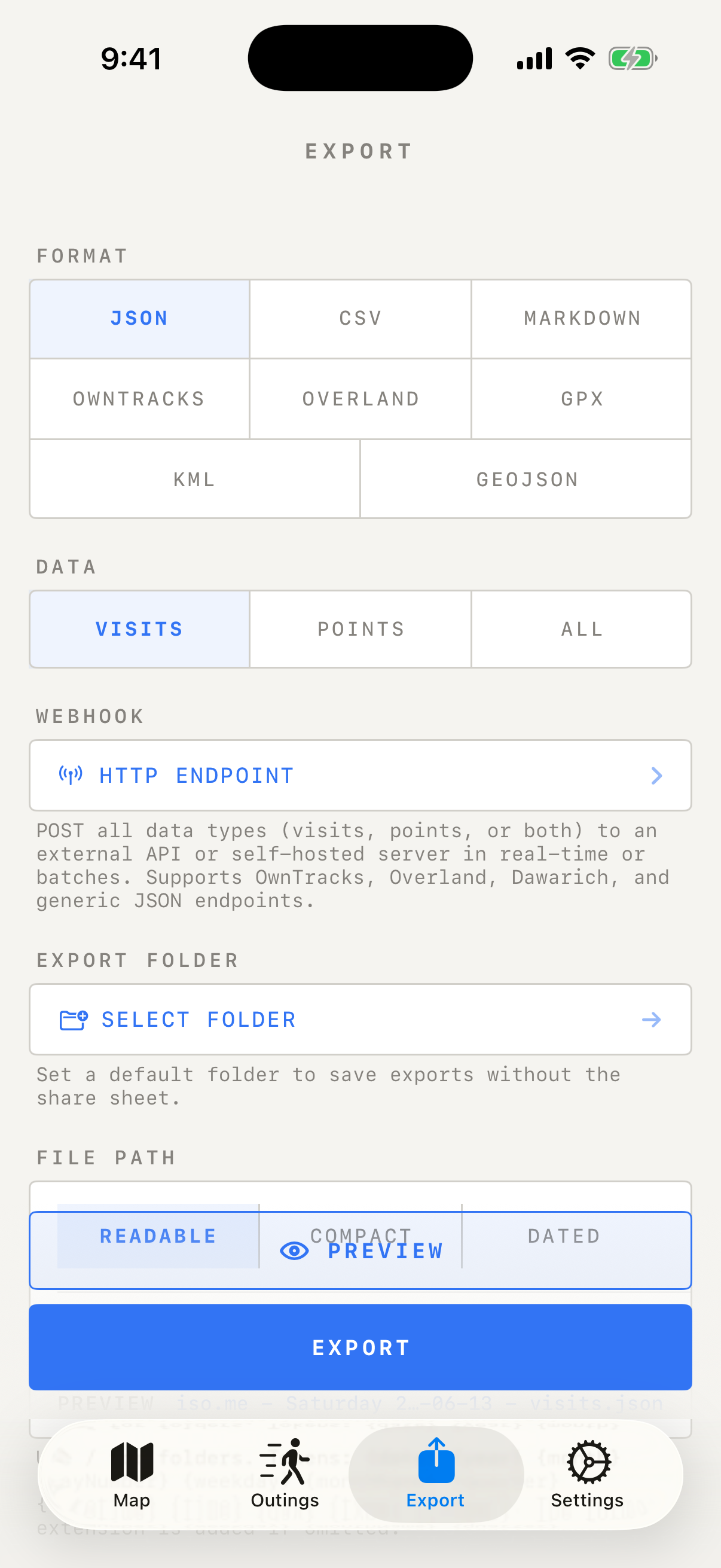 iso.me export screen showing JSON CSV Markdown GPX KML GeoJSON and webhook options