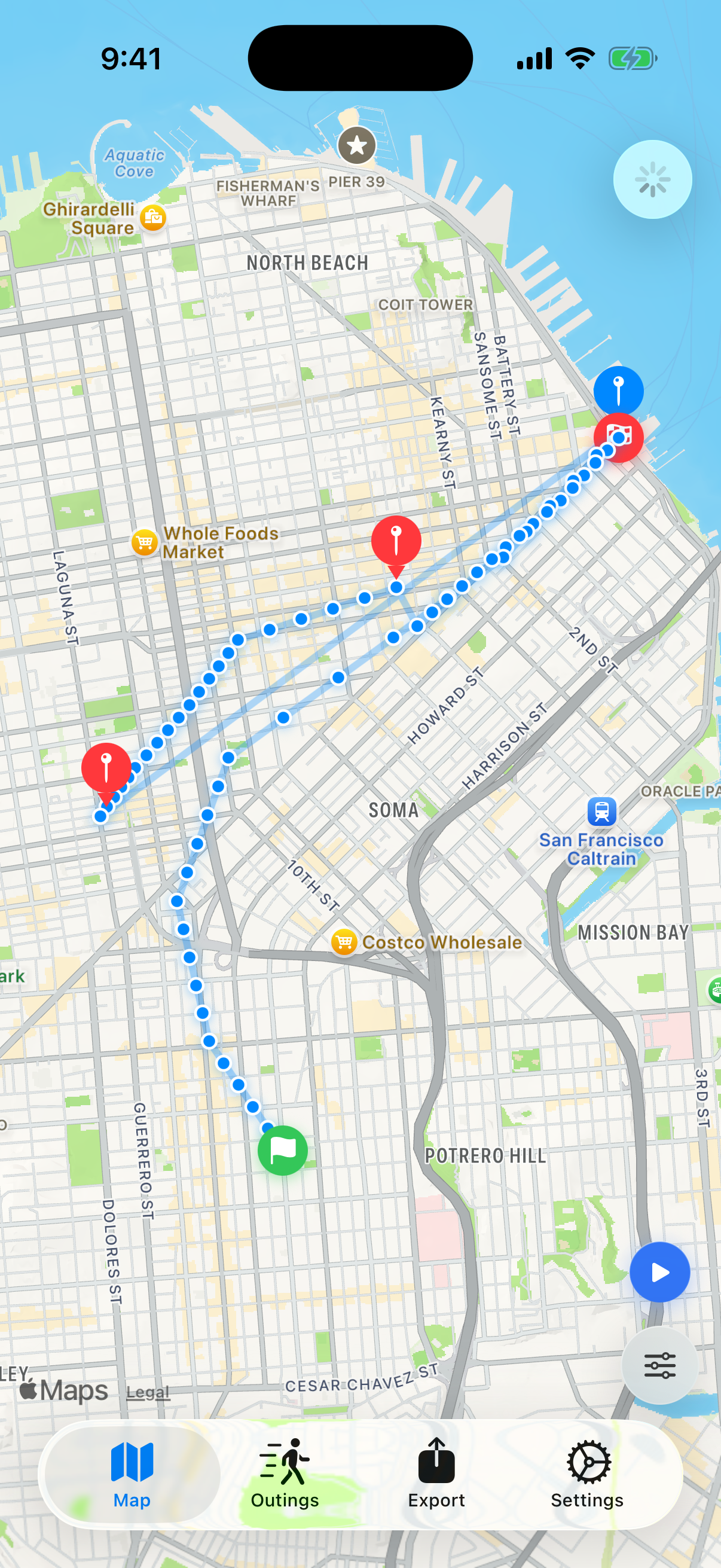 iso.me map showing visits and recorded route points in San Francisco
