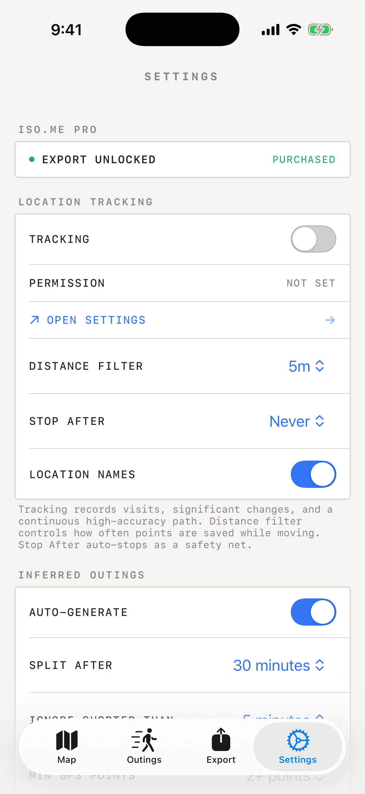 iso.me settings screen with tracking permission distance filter stop after and location names controls