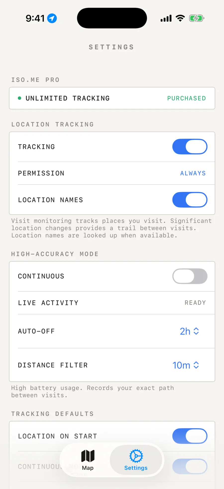 iso.me settings screen with tracking controls